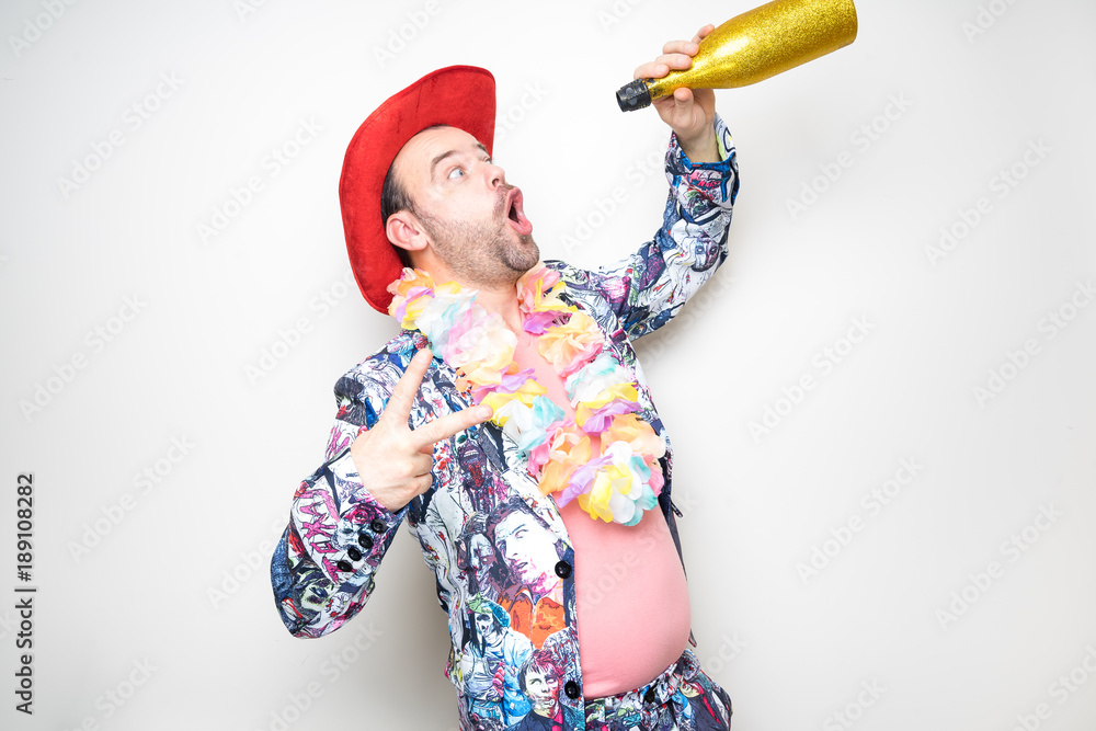 young male man drunk photo booth posing white background props hat
