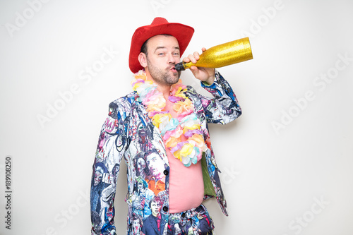 young male man drunk photo booth posing white background props hat