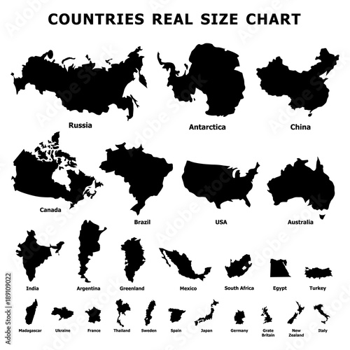 Countries real size chart icons set  simple style