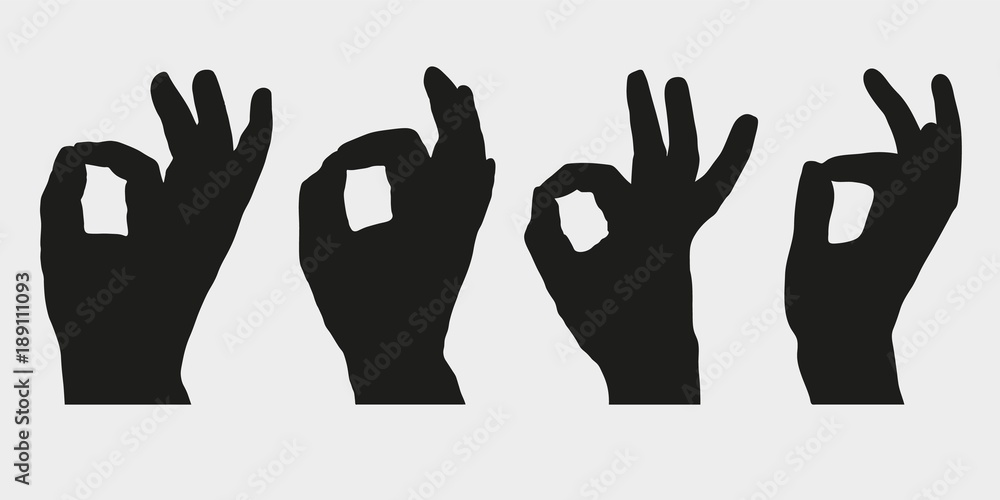 Set of silhouettes of hands showing symbol OK, All right or Very good. Vector illustration. Set of silhouettes of hands showing symbol OK, All right or Very good. Vector illustration.