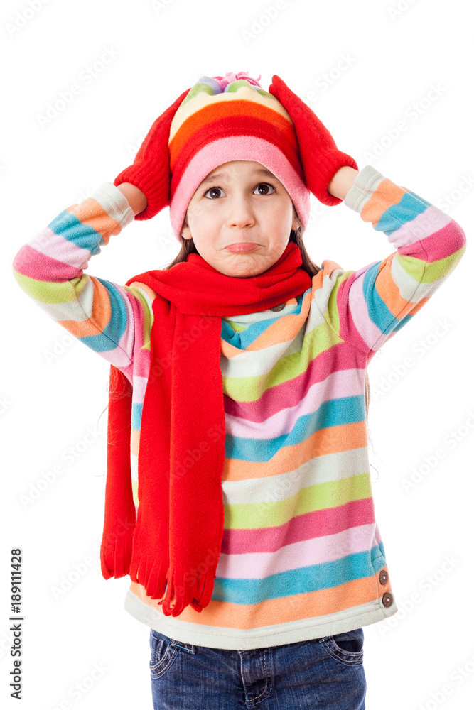 Sad girl in winter clothes taking his head Sad girl in winter clothes taking his head