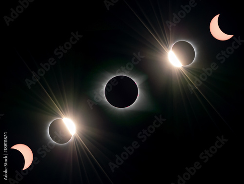 composite image of five stages of a total solar eclipse