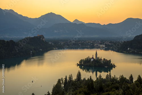 Aerial morning view of lake Bled