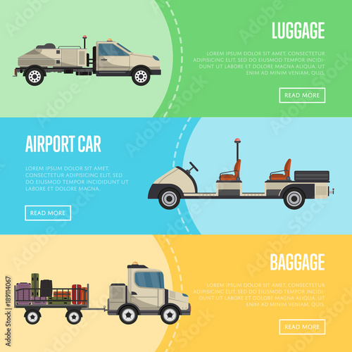Passenger airport flyers with ground technics. Aviation terminal logistics and infrastructure management, commercial airline advertising. Tow truck, baggage cart and fuel tanker vector illustration.