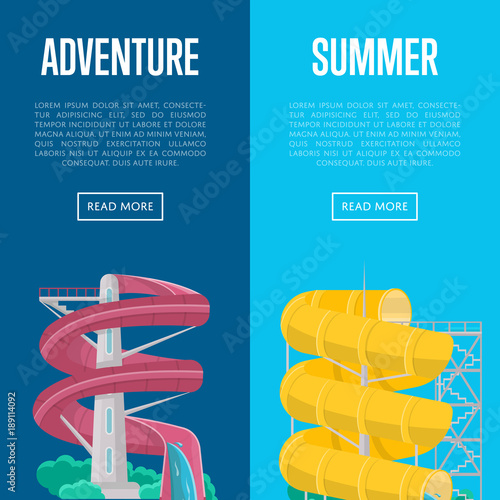 Summer adventure flyers with plastic water slides. Outdoor family beach vacation, children extreme aquapark vector illustration. Wonderful summertime activity, funny relax and recreation banners.