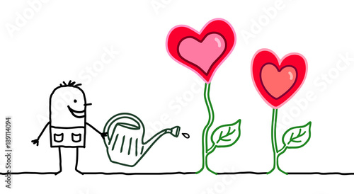 Cartoon Gardener with Growing Hearts