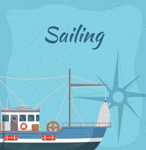 Commercial sailing poster with sea ship. Fishing company concept, trawler for traditional seafood production vector illustration. Retro marine flotilla of ships, industrial nautical transportation.