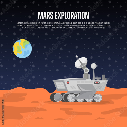 Mars exploration poster with research rover on surface of red planet. Robotic autonomous vehicles for space discovery. Mars rover with camera, wheels, antenna and hand manipulator vector illustration