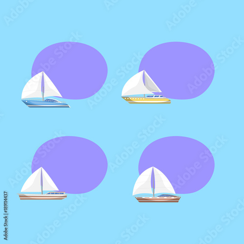Sport sail yachts isolated labels with space for text. Luxury and speedy sailfishes vector illustration. Marine passenger cruise ships, worldwide yachting, sailboat race advertising tags.