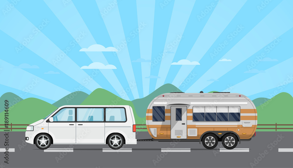 Road trip poster with van and camping trailer on mountain background. RV trailer caravan, compact motorhome, mobile home for country traveling and outdoor family vacation vector illustration