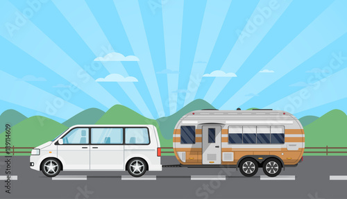 Road trip poster with van and camping trailer on mountain background. RV trailer caravan, compact motorhome, mobile home for country traveling and outdoor family vacation vector illustration
