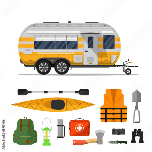 Travel life poster with camping trailer and tourist equipment on white background. RV trailer, backpack, kayak, camera, thermos, first aid kit. Mobile home for country traveling vector illustration