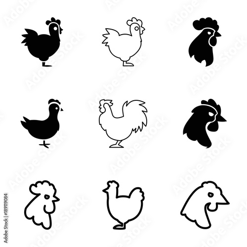 Cockerel icons. set of 9 editable filled and outline cockerel icons