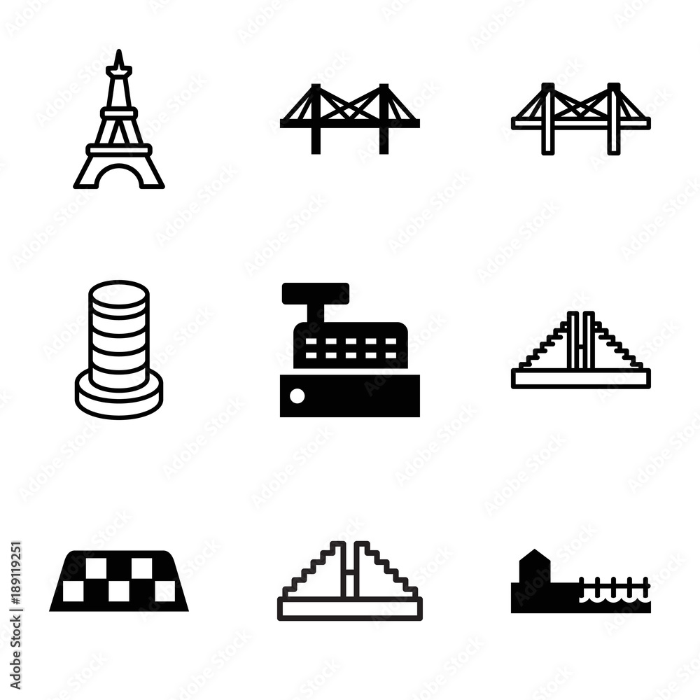 City icons. set of 9 editable filled and outline city icons