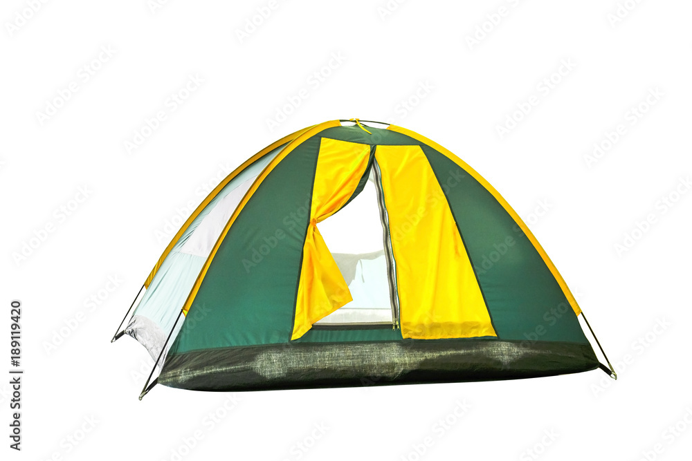 Isolated green and yellow dome tent on white with clipping path Isolated green and yellow dome tent on white with clipping path