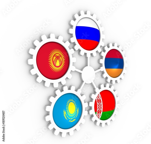 EAEU Eurasian Economic Union association of five national economies members flags on gear. Global teamwork. 3D rendering photo