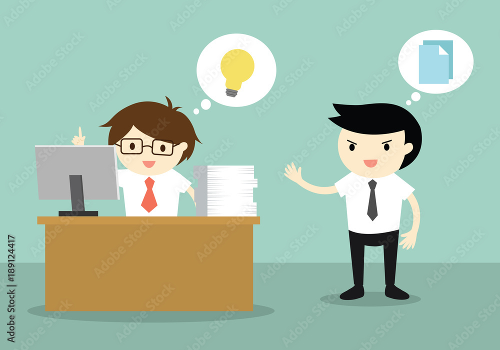 Business concept, Businessman has an idea but his colleague want to copy his idea. Vector illustration. Business concept, Businessman has an idea but his colleague want to copy his idea. Vector illustration.