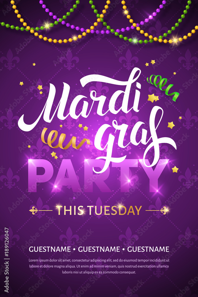Mardi gras brochure. Vector logo with hand drawn lettering, ribbons and fat tuesday symbols. Greeting card with shining beads on traditional colors background