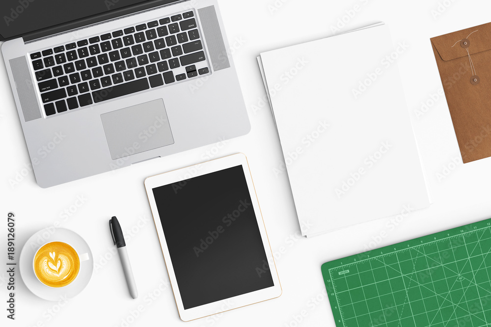 Modern workspace with coffee cup, smartphone, paper, notebook, tablet and laptop copy space on white color background. Top view. Flat lay style. Modern workspace with coffee cup, smartphone, paper, notebook, tablet and laptop copy space on white color background. Top view. Flat lay style.