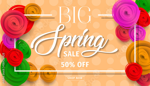 Spring sale background with beautiful colorful flower. Vector illustration. Wallpaper. flyers, posters, brochure, voucher discount. Spring sale banner with paper flowers for online shopping.