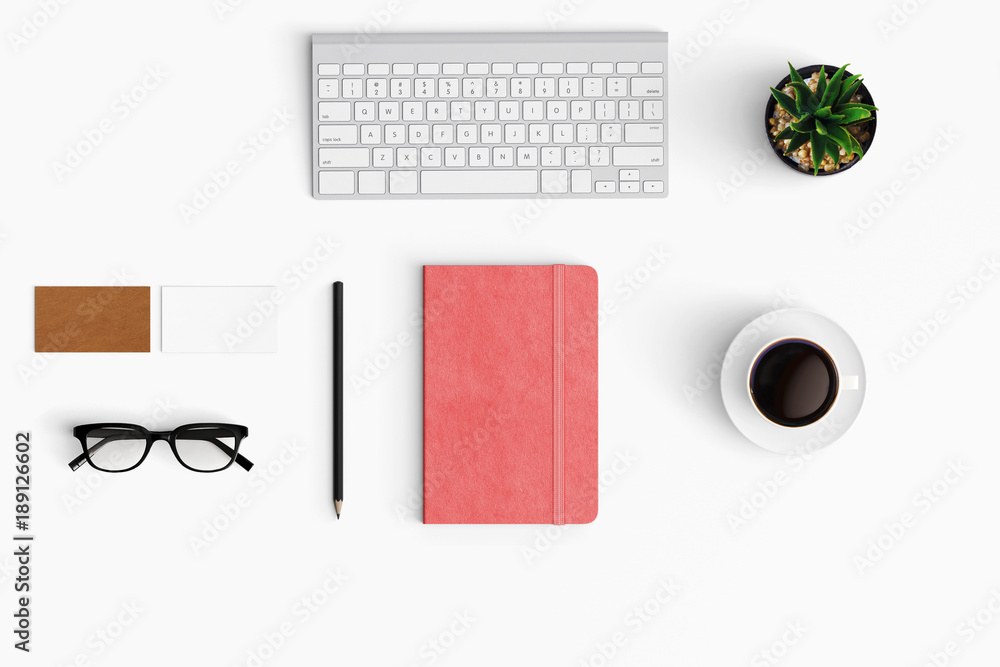 Modern workspace with coffee cup, smartphone, paper, tablet and notebook copy space on white color background. Top view. Flat lay style.
