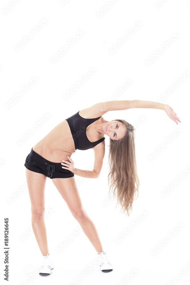health concept:young business woman performs fitness exercise health concept:young business woman performs fitness exercise