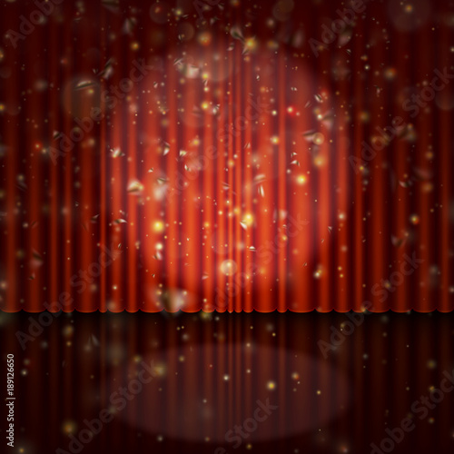 Spotlight on red curtain with glitter light. EPS 10 vector
