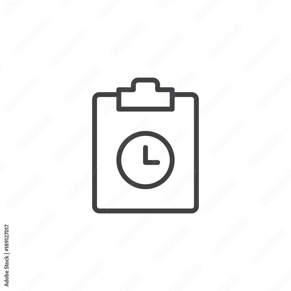 Clipboard and clock line icon, outline vector sign, linear style pictogram isolated on white. Time management symbol, logo illustration. Editable stroke Clipboard and clock line icon, outline vector sign, linear style pictogram isolated on white. Time management symbol, logo illustration. Editable stroke