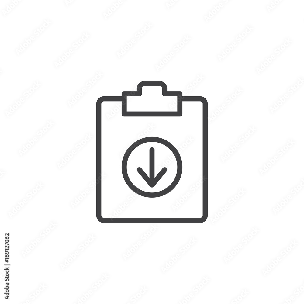 Download document file line icon, outline vector sign, linear style pictogram isolated on white. Clipboard with arrow down symbol, logo illustration. Editable stroke Download document file line icon, outline vector sign, linear style pictogram isolated on white. Clipboard with arrow down symbol, logo illustration. Editable stroke
