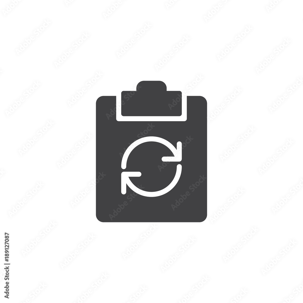 Clipboard with recycling arrows icon vector, filled flat sign, solid pictogram isolated on white. Refresh file symbol, logo illustration. Clipboard with recycling arrows icon vector, filled flat sign, solid pictogram isolated on white. Refresh file symbol, logo illustration.