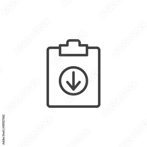 Download document file line icon, outline vector sign, linear style pictogram isolated on white. Clipboard with arrow down symbol, logo illustration. Editable stroke