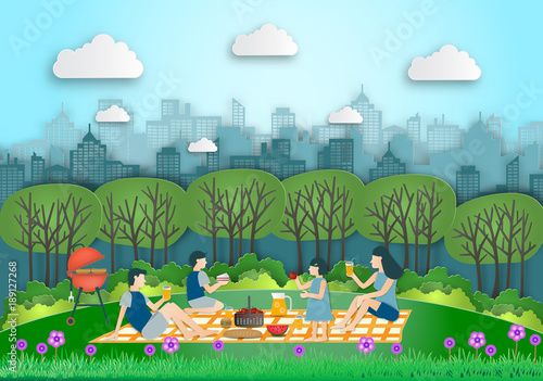 Family making picnic on city park outdoor. Dad,mom,son and daughter are resting in nature. the park was built on the outskirts. in spring flowers season. vector paper art and craft style.