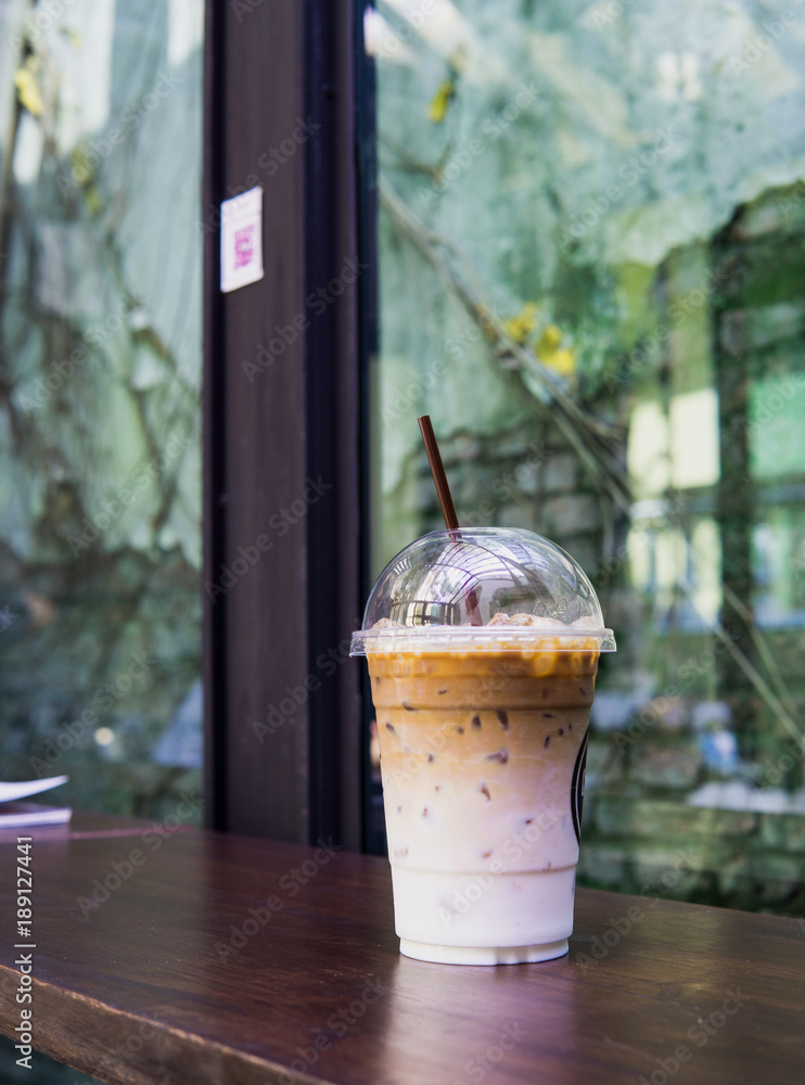 Iced Latte Takeaway Cup Wooden Plank Grey Brick Wall Background