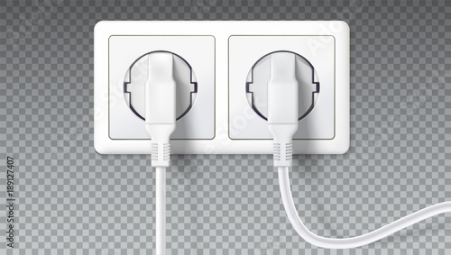 Electric plugs in socket. Realistic white plugs inserted in electrical outlet, isolated on transparent. Icon of device for connecting electrical appliances, equipment. Vector 3D illustration.