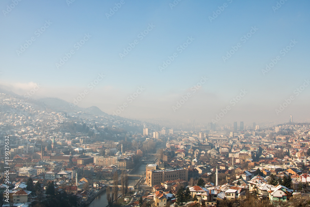 Misty morning in Sarajevo, view from the Yellow Fortress
