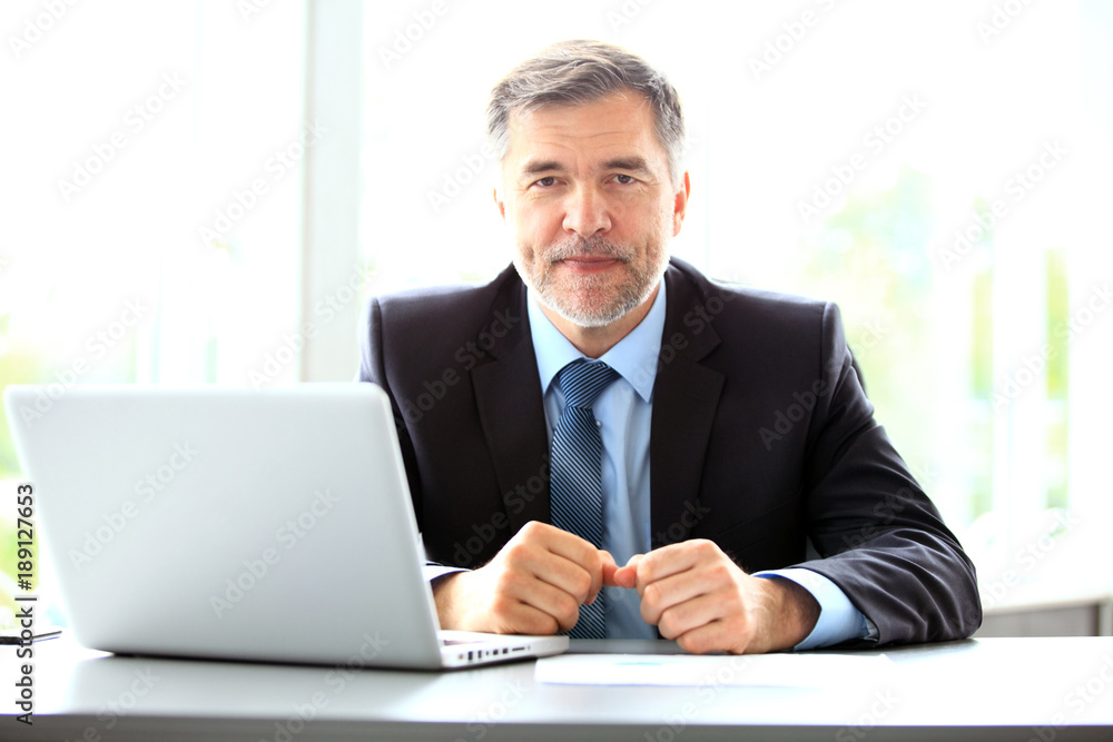 business, people and technology concept - happy smiling businessman with laptop computer office business, people and technology concept - happy smiling businessman with laptop computer office