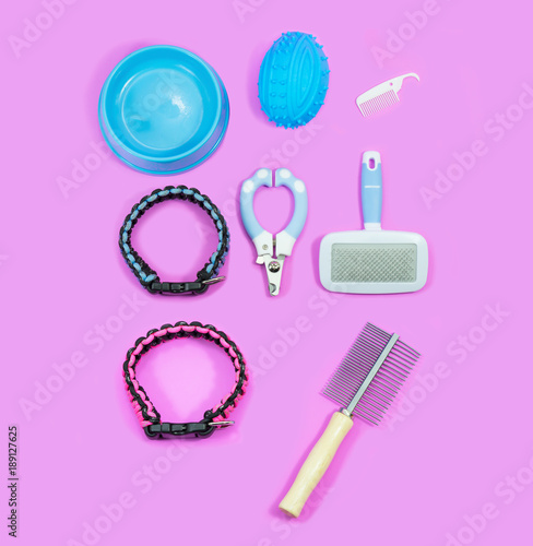 Pet supplies have collars, brush, nail scissors. Bowls of food or water and toys on pink background.