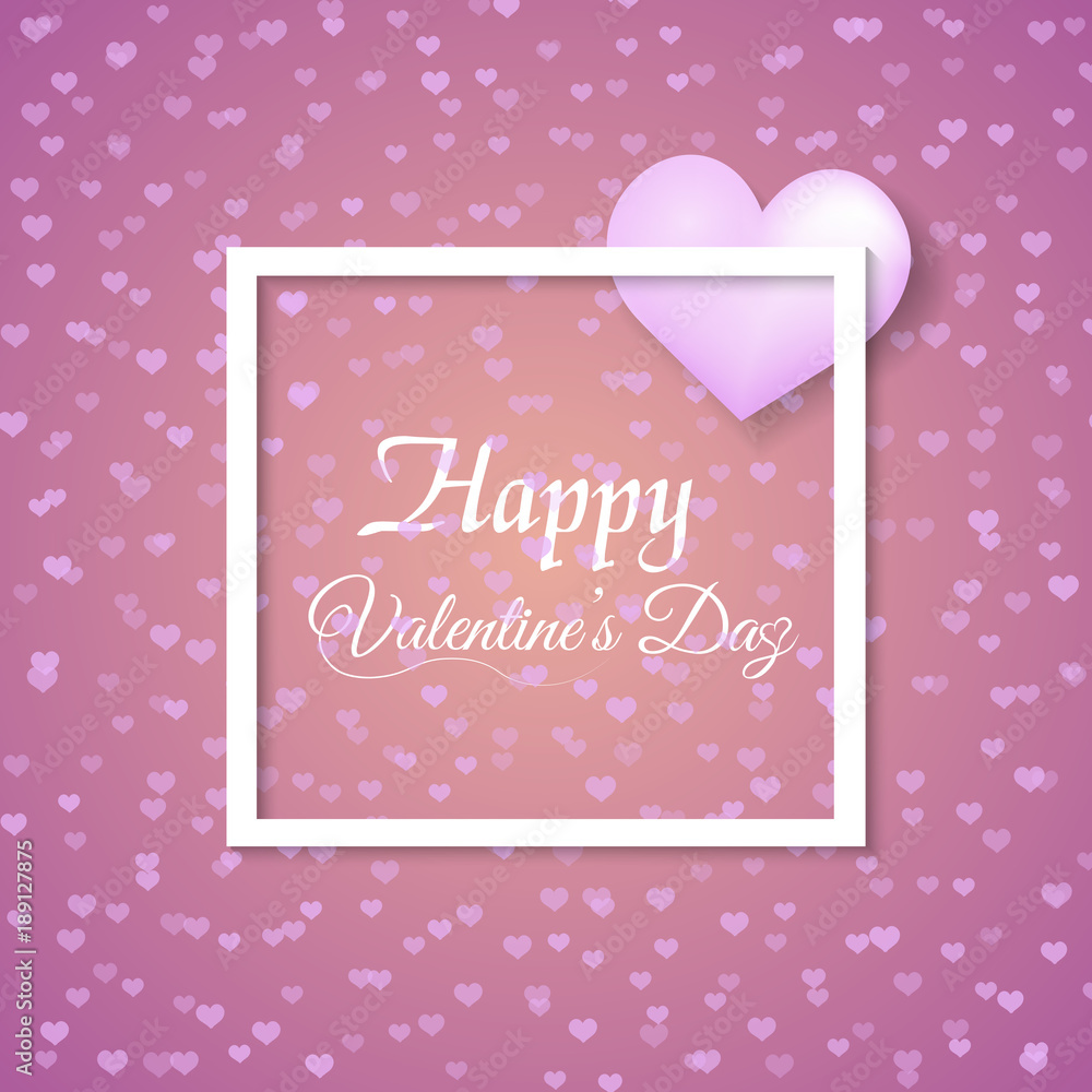 Valentine's greeting card with pink balloon hearts and white square frame on pink background. Vector