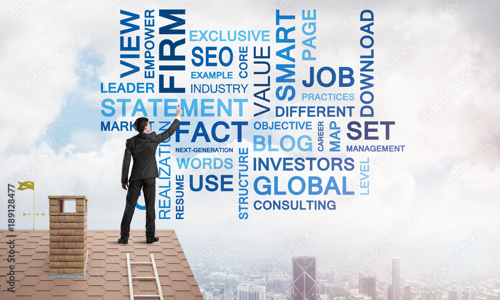 Young businessman standing on house roof and writing leadership skill concept. Mixed media Young businessman standing on house roof and writing leadership skill concept. Mixed media