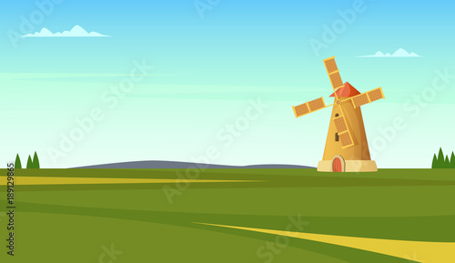 Rural summer landscape with windmill. Natural Agricultural view illustration