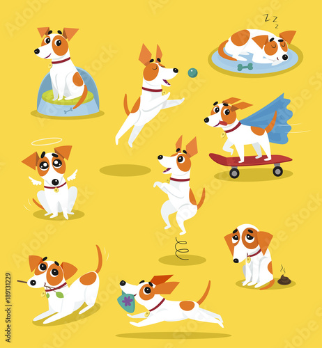 Cute jack russell terrier set, funny pet dog character in different situations cartoon vector Illustrations