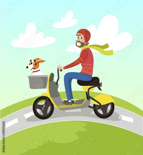 Hipster man riding yellow scooter with his jack russell terrier dog cartoon vector Illustration
