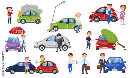 Car crash and accident set, car insurance cartoon vector Illustration