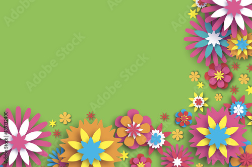 Fototapeta Naklejka Na Ścianę i Meble -  Colorful Floral Card. Paper cut Flowers Border Composition. Origami Daisy Rose flower. Text. Spring Peony blossom. Seasonal holiday on green. Modern paper decoration.
