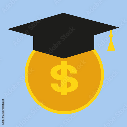 Dollar coin with university hat on a blue background, Invest in education