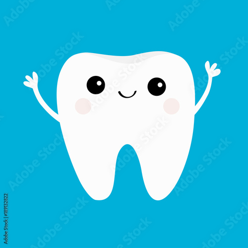 Healthy tooth icon. Smiling head face. Beautiful smile. Oral dental hygiene. Children teeth care. Cute cartoon character. Hands up. Whitening concept. Blue background. Flat design