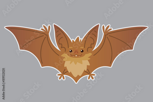 Bat flying. Vector illustration of bat-eared brown creature with outstretched wings in flat style with silhouette syblayer. Sticker. Element for your design, print. Cute Halloween bat vampire icon.