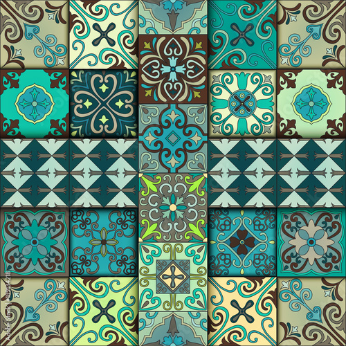 Seamless pattern with portuguese tiles in talavera style. Azulejo, moroccan, mexican ornaments.