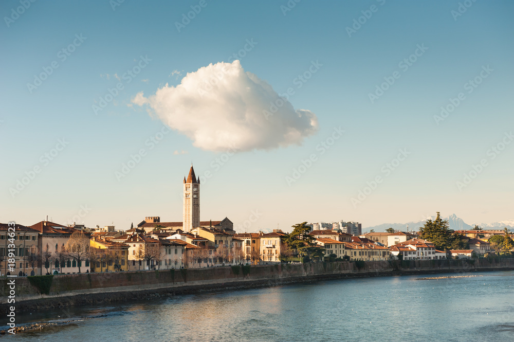 Verona, Italy. Beautiful view of the ancient buildings on Adige river