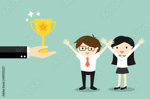 Business concept, Hand offers gold trophy cup to businessman and business woman. Vector illustration
